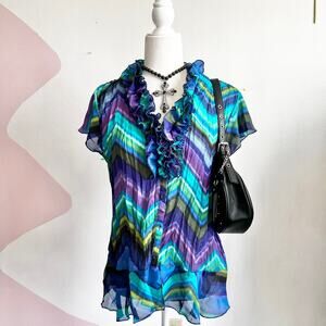 Blue Ruffle‎ Blouse, Romantic, Vintage, Cottagecore, Victorian Inspired, Large